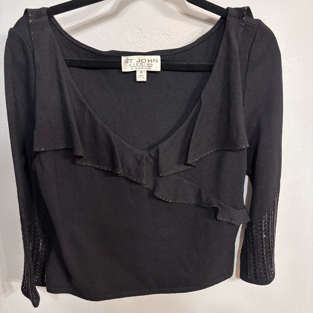 NWOT St. John Evening Luxurious Knit Black Ruffle Wrap Sweater - Sz 8 (Runs big)